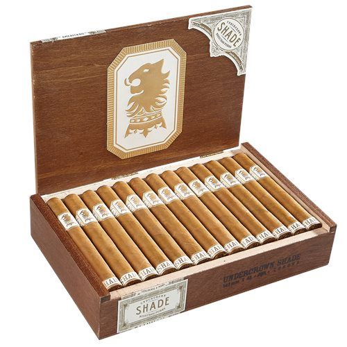 Undercrown Shade cigars by Drew Estate in a light wood box with white and gold branding.
