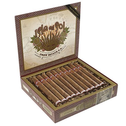 Isla del Sol cigars by Drew Estate arranged in an open box with gold accents and map-themed design.
