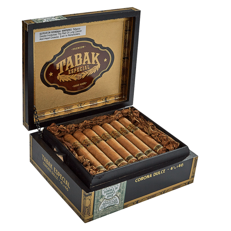 Tabak Especial Dulce cigars by Drew Estate arranged in a black and gold box.