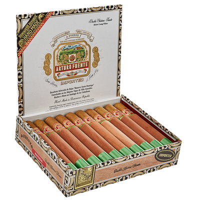 Arturo Fuente Double Chateau cigars in a classic cedar-lined box with ornate branding.