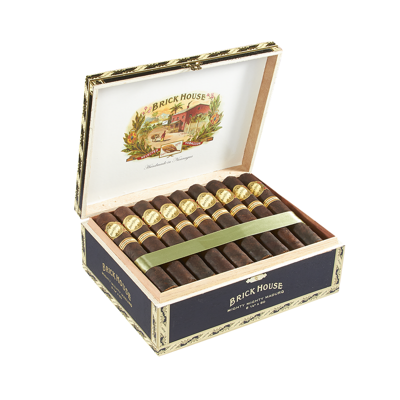Brick House Mighty Mighty Maduro cigars in a vintage-style box with a classic Brick House logo inside the lid.