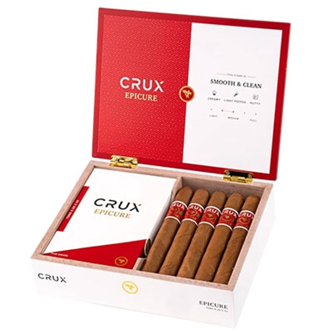 Crux Epicure cigars presented in a clean white and red box with tasting notes listed on the lid.