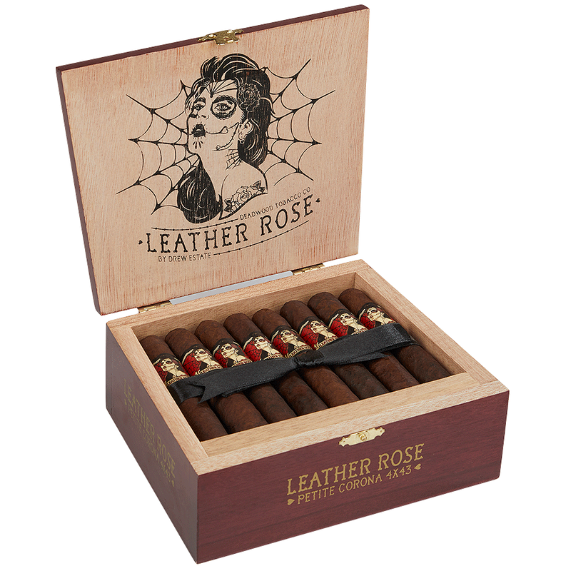 Leather Rose Petite Corona cigars by Deadwood Tobacco Co. in a box of 10 with gothic-style art.
