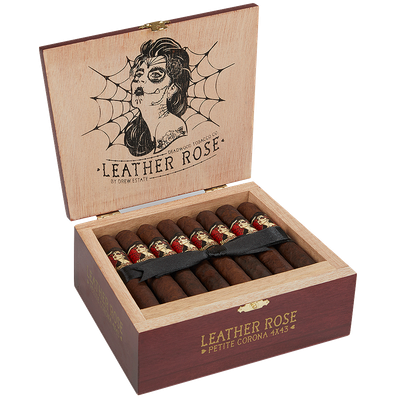 Leather Rose Petite Corona cigars by Deadwood Tobacco Co. in a box of 10 with gothic-style art.