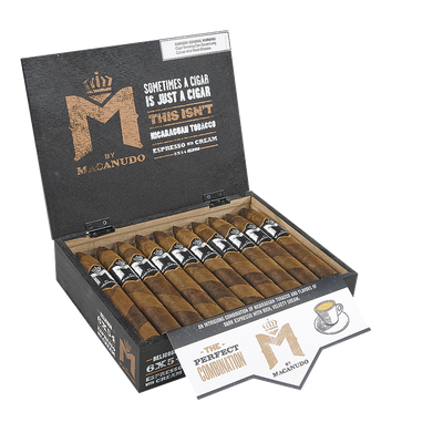 M by Macanudo Espresso with Cream cigars in a modern black box labeled with bold lettering and coffee illustrations.