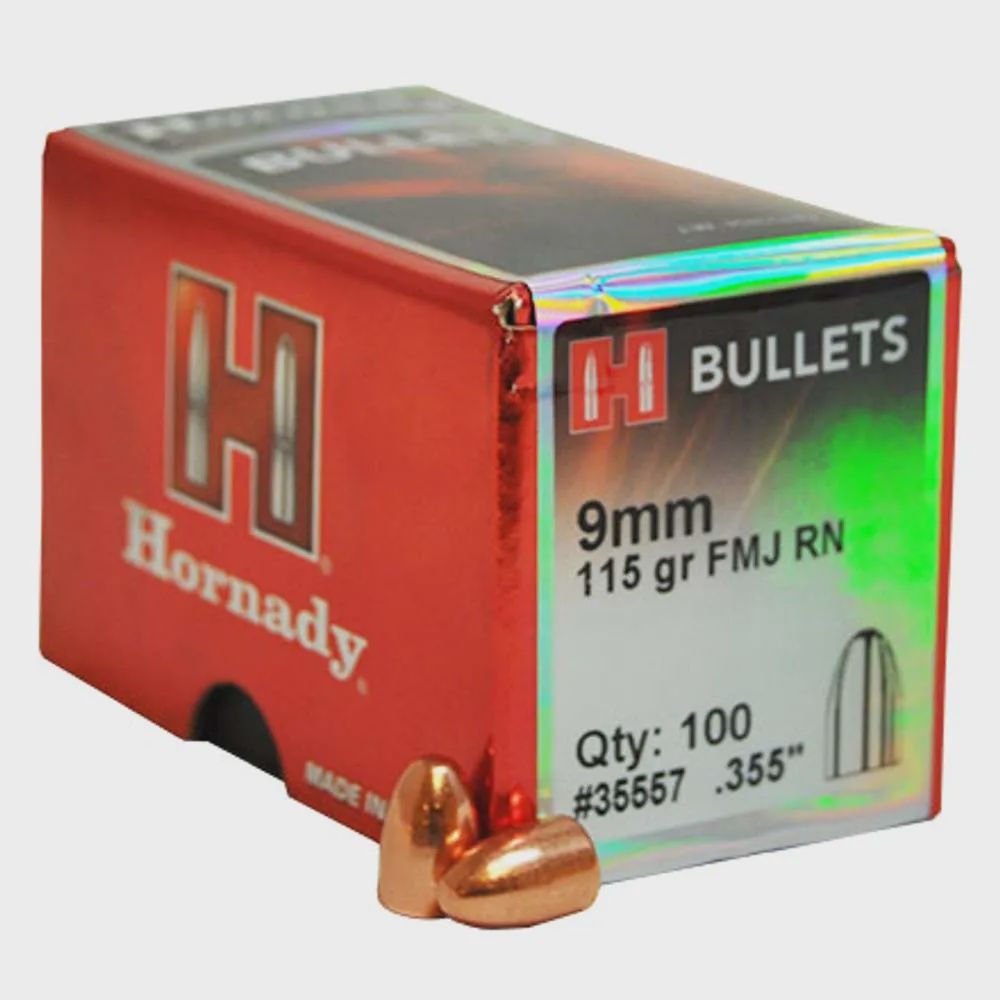 9mm Hornady  .355dia 115gr FMJ RN Projectiles Box 500