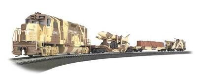 HO Scale - Strike Force - Standard DC -- EMD GP40 Locomotive, 2 Flat Cars with Loads, Caboose; Track Oval, Power Pack