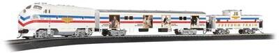 HO Scale - Norman Rockwell Freedom Train Set - Standard DC -- EMD F7, Display Car, Wide-Vision Caboose, E-Z Track Oval(R) Speed Controller