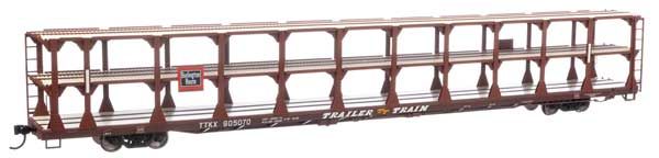 HO 	89&#39; Flatcar w/Tri-Level Open Auto Rack