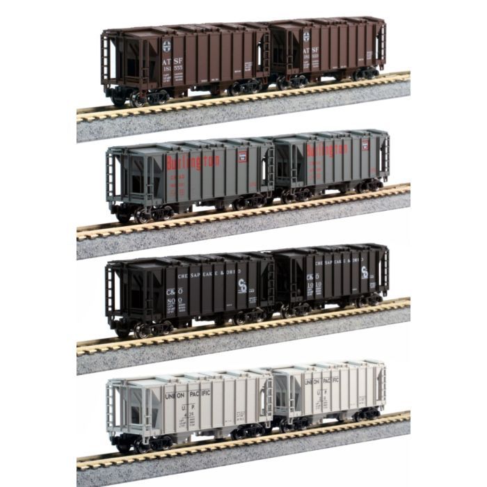 N Scale ACF 2-Bay Covered Hopper pkg(8) - 2 Each of 4 Roadnames -- Santa Fe; CB&amp;Q; UP; C&amp;O