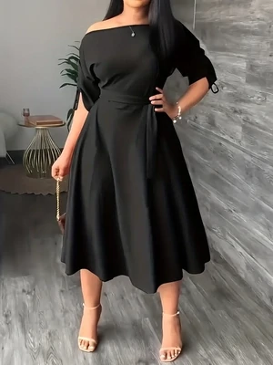 off-shoulder long black dress