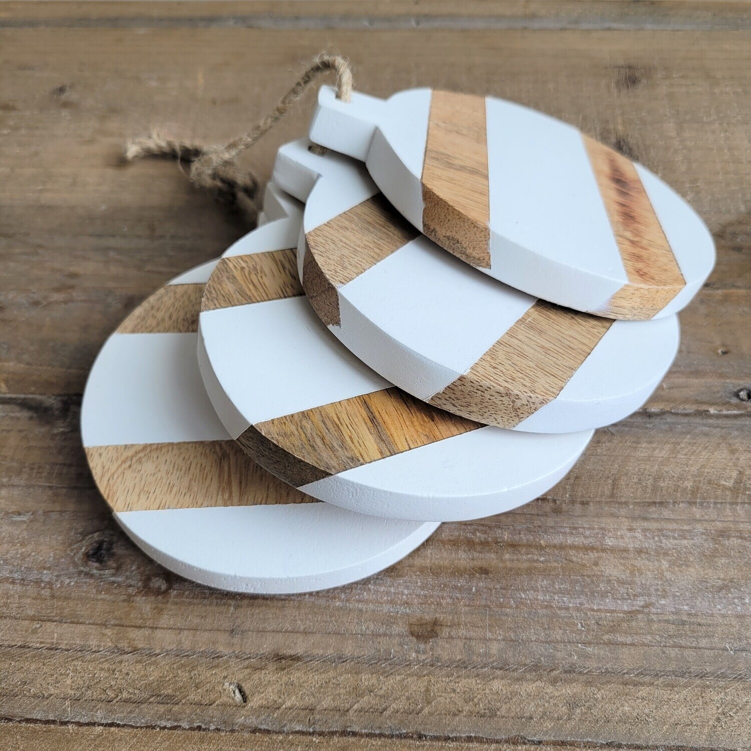 Wood/White Round Coasters, Set of 4
