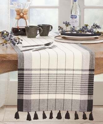 Black &amp; White Striped Runner With Tassels, 16 x 72&quot;