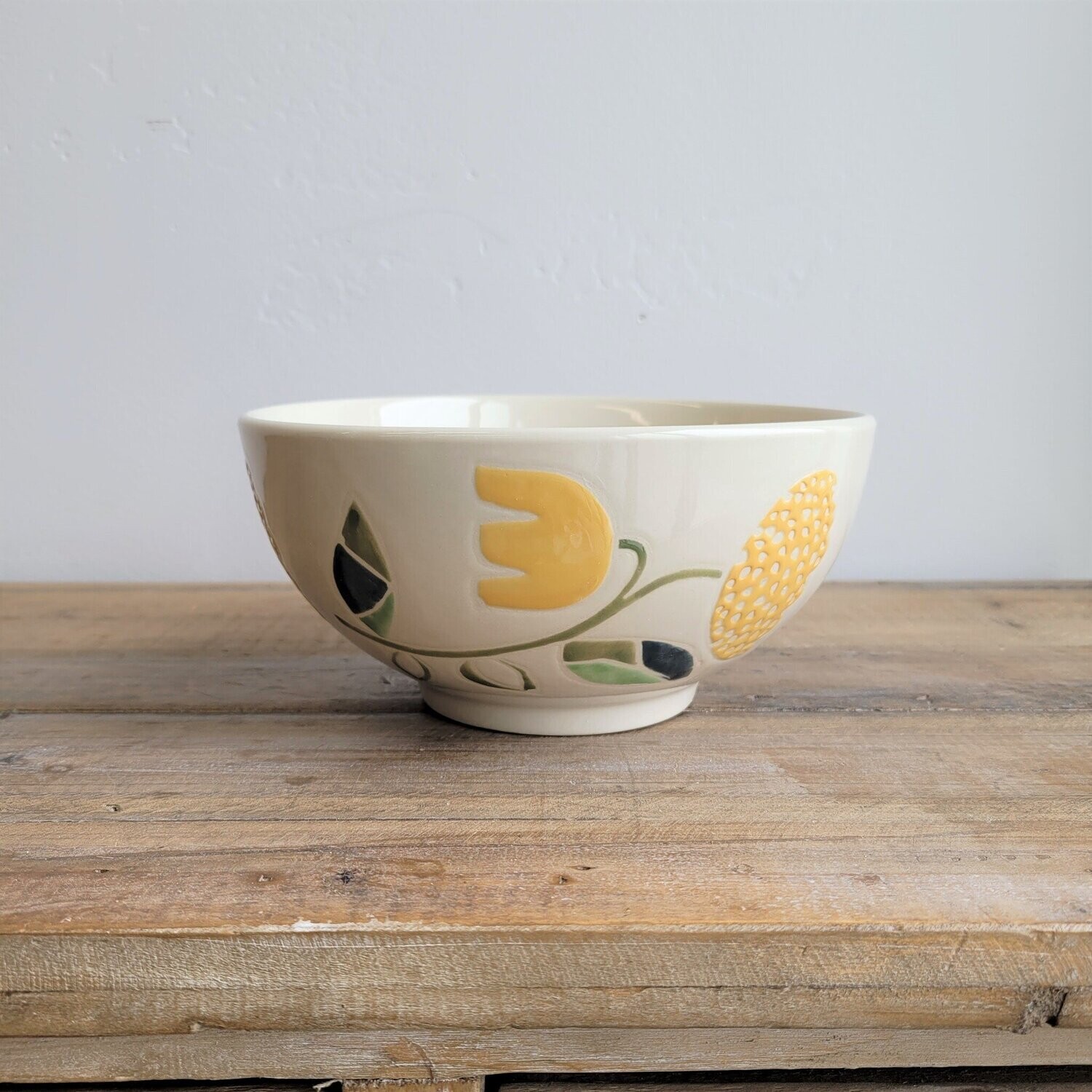 Stoneware Bowl w/ Wax Relief Flowers, 8&quot;
