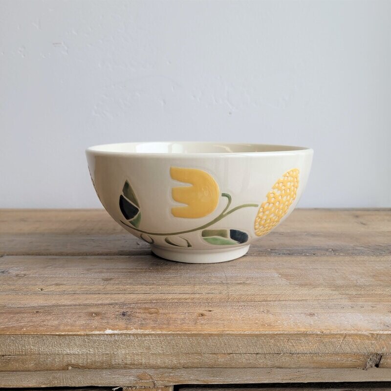 Stoneware Bowl w/ Wax Relief Flowers, 8&quot;