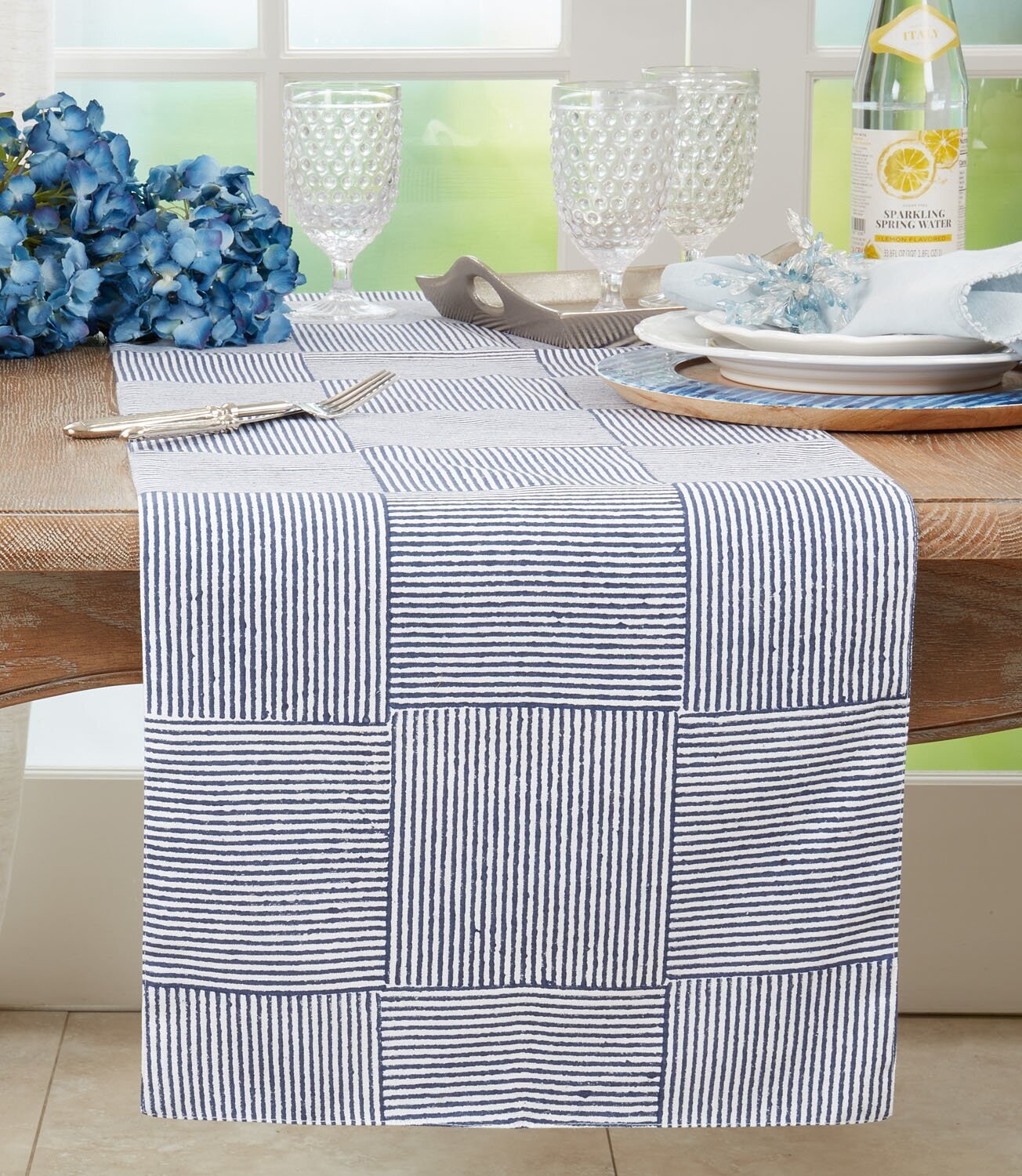 Navy &amp; White Block Print Table Runner, 16&quot; x 72&quot;