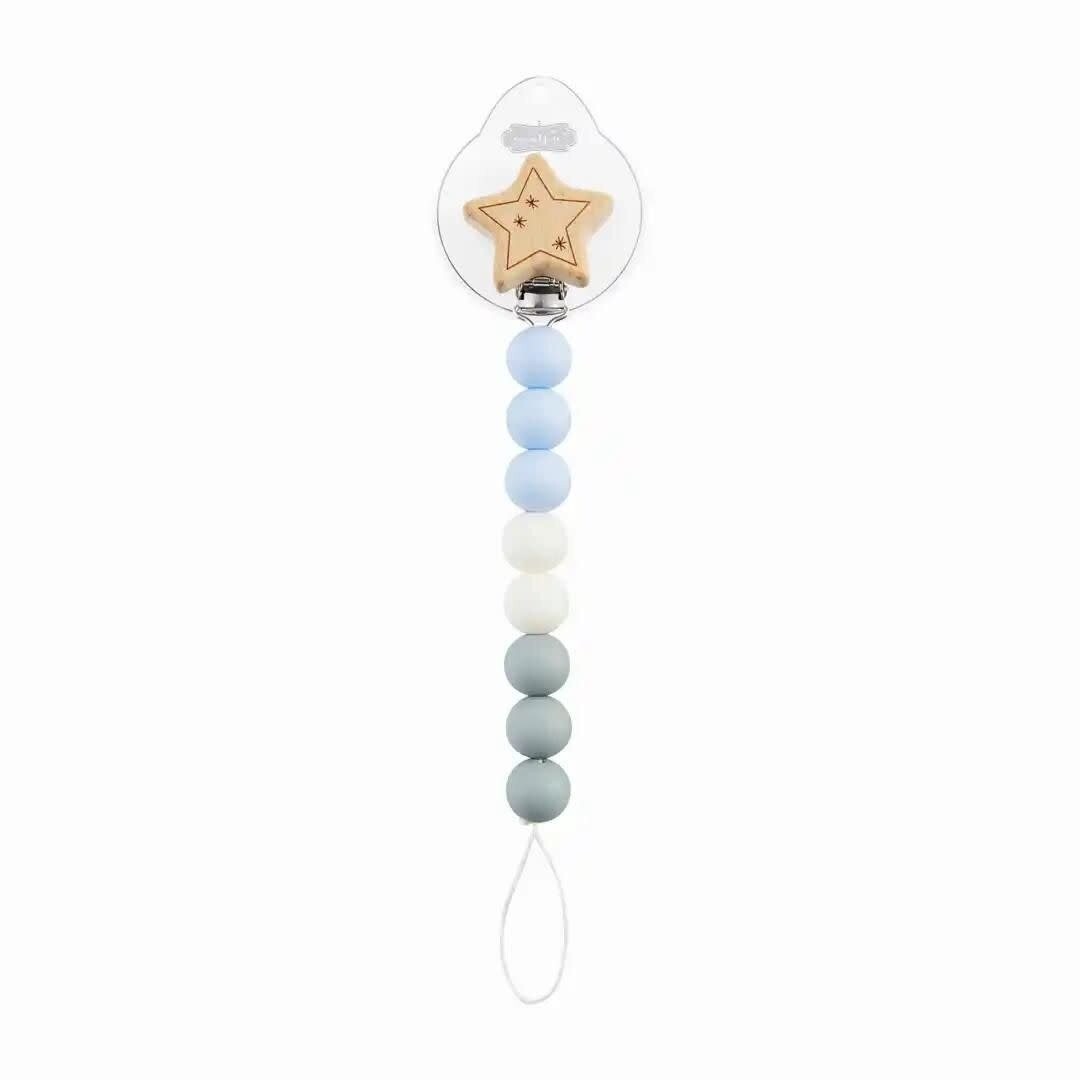 Wood Star Pacifier Clip - Blue
