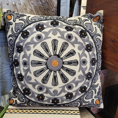 Square Cotton Pillow w/ Suzani Embroidery, 18&quot;