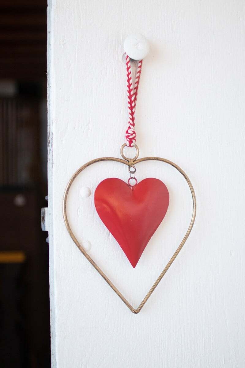 Antique Brass &amp; Red Heart Hanger, 18&quot; X 9&quot;