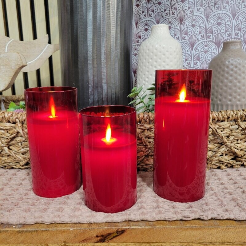 LED Glass Pillar Candles, Set Of 3