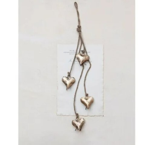 Antique Brass Heart Bells On Jute 26&quot;