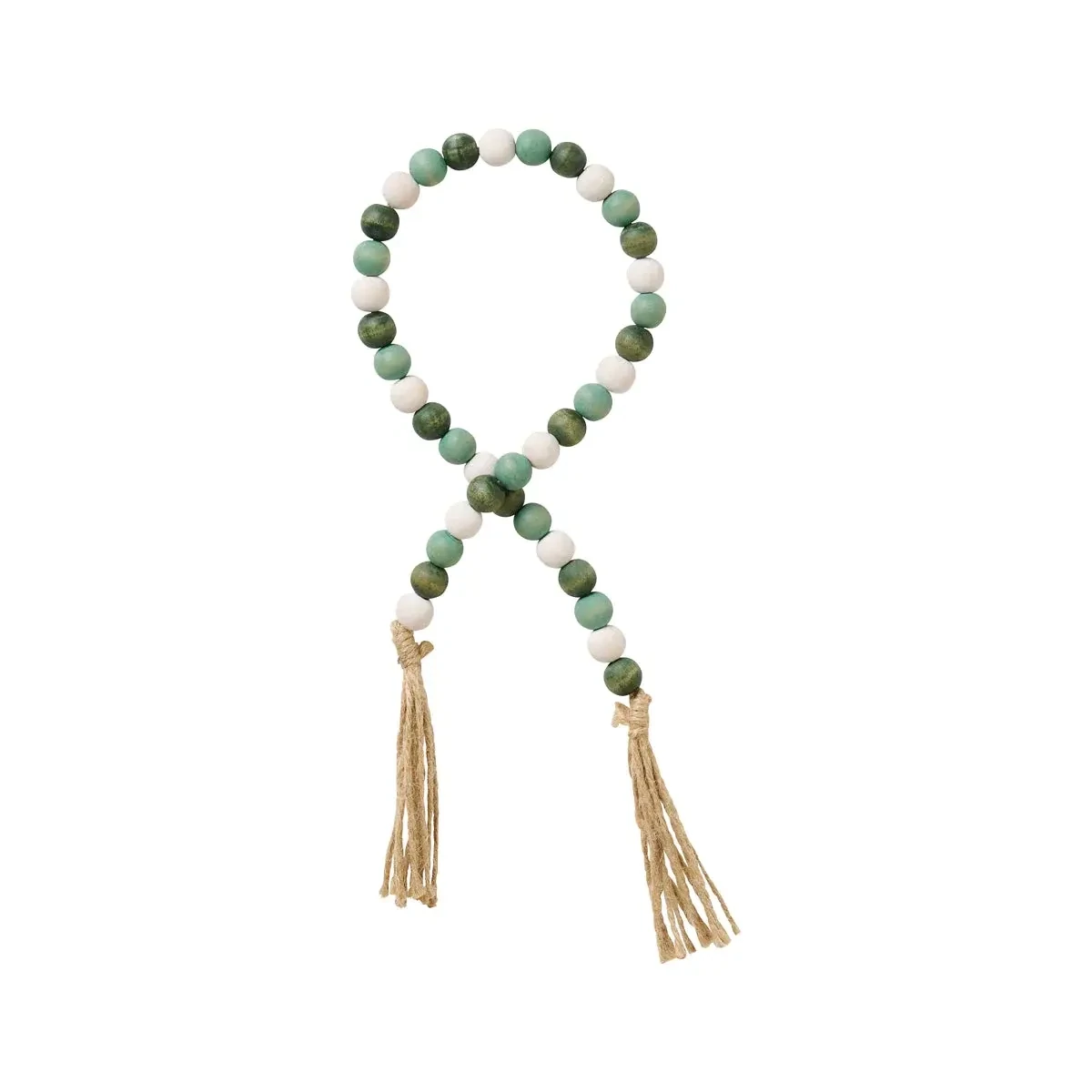 Green &amp; White Beads with Tassels, 28&quot;
