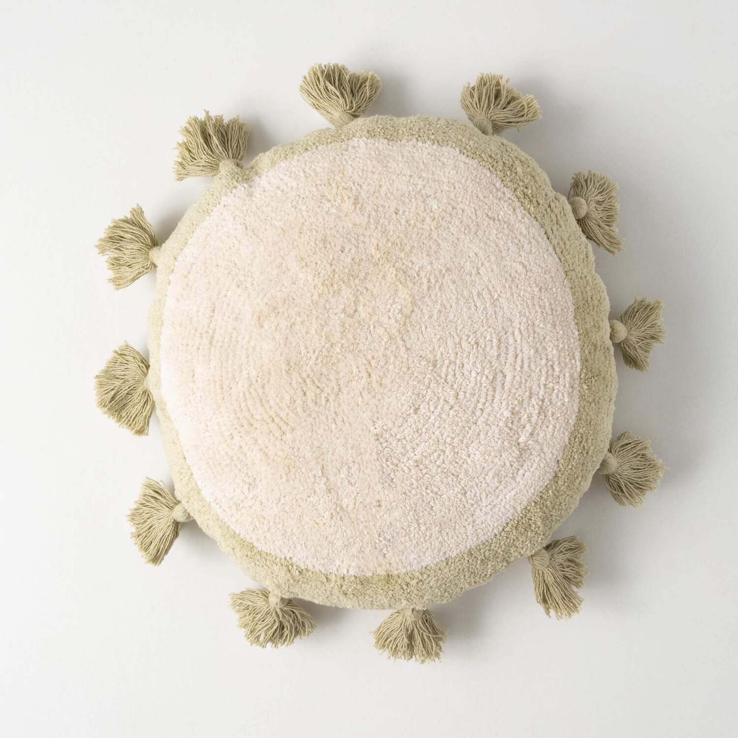 PIL410 Round Cream &amp; Green Pillow With Tassels, 18&quot;