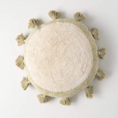 PIL410 Round Cream &amp; Green Pillow With Tassels, 18&quot;