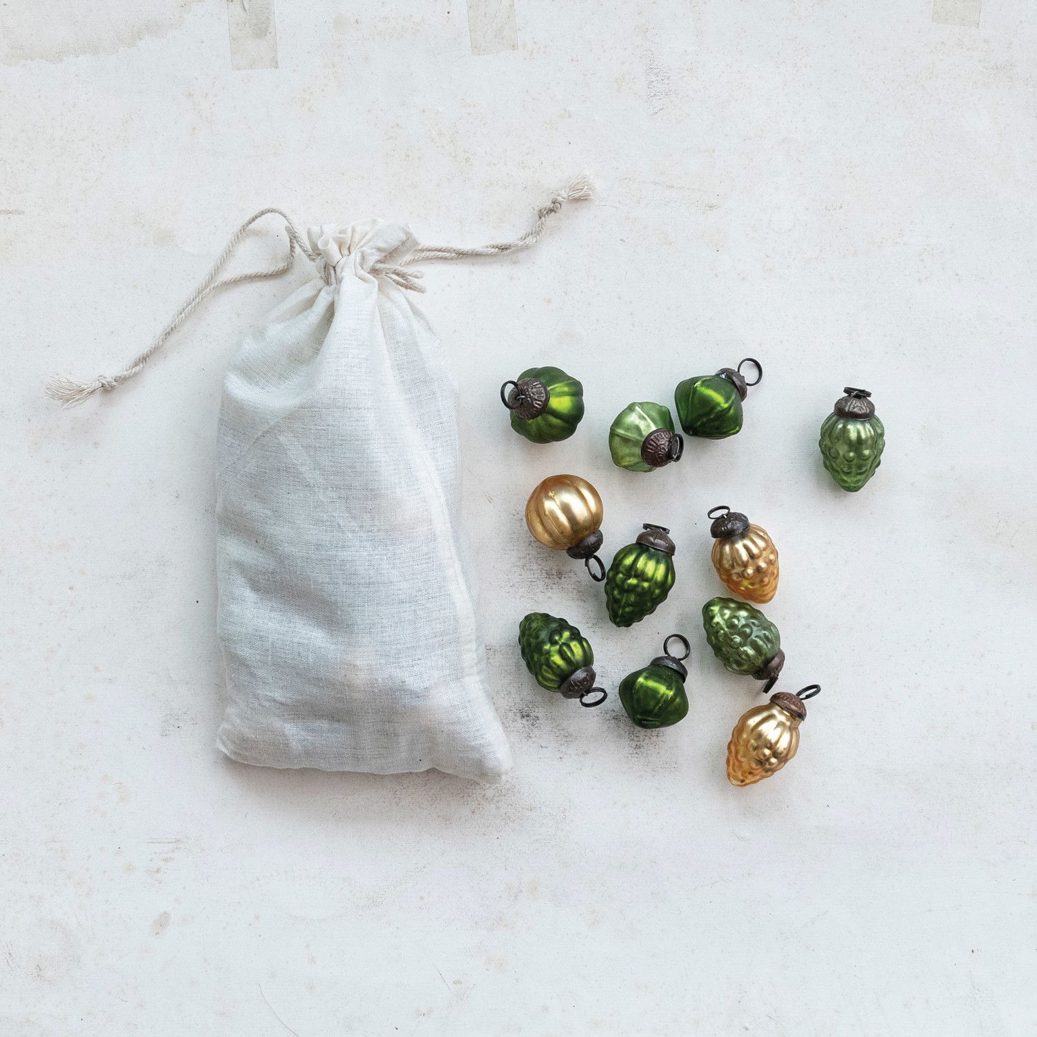 Mercury Glass Green/Gold Ornaments - Set of 36