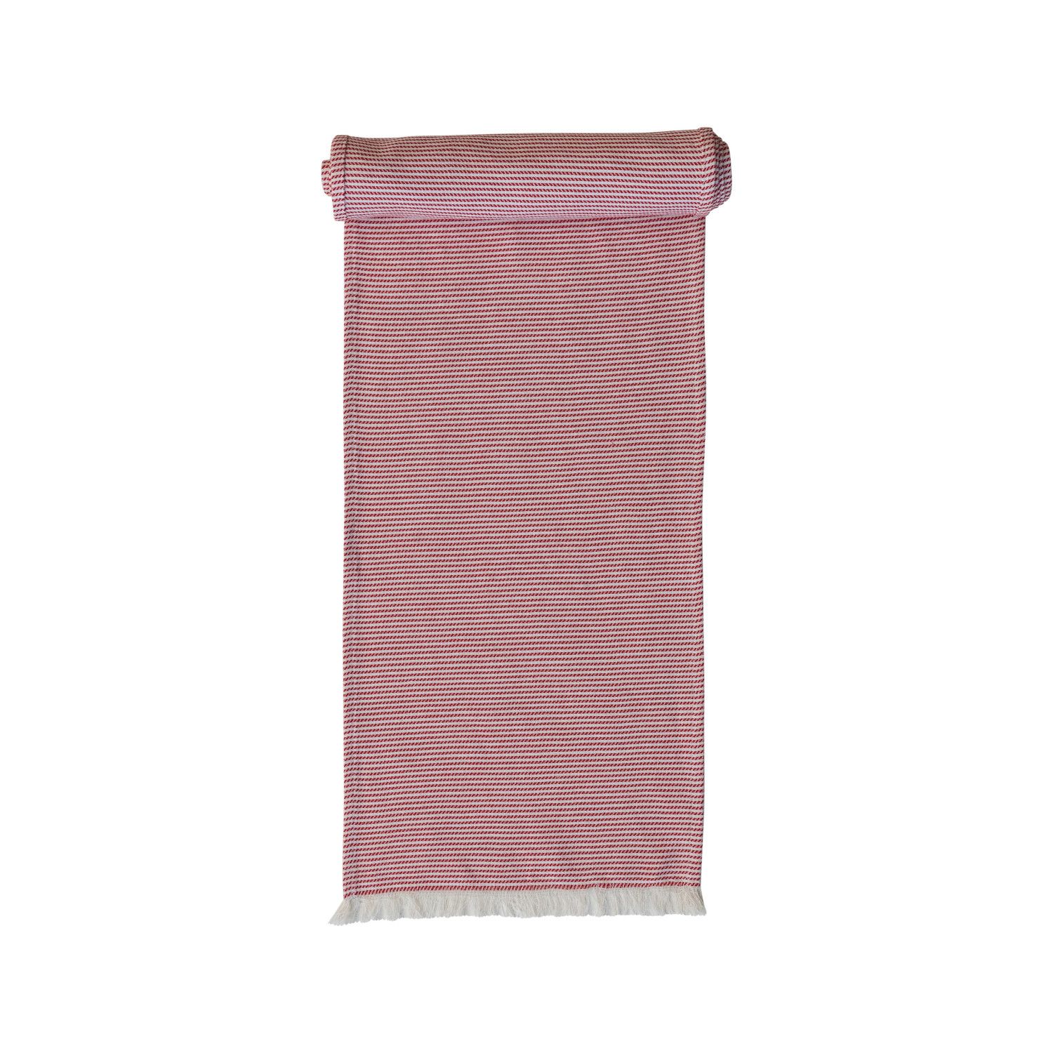 Woven Red &amp; White Table Runner w/Fringe