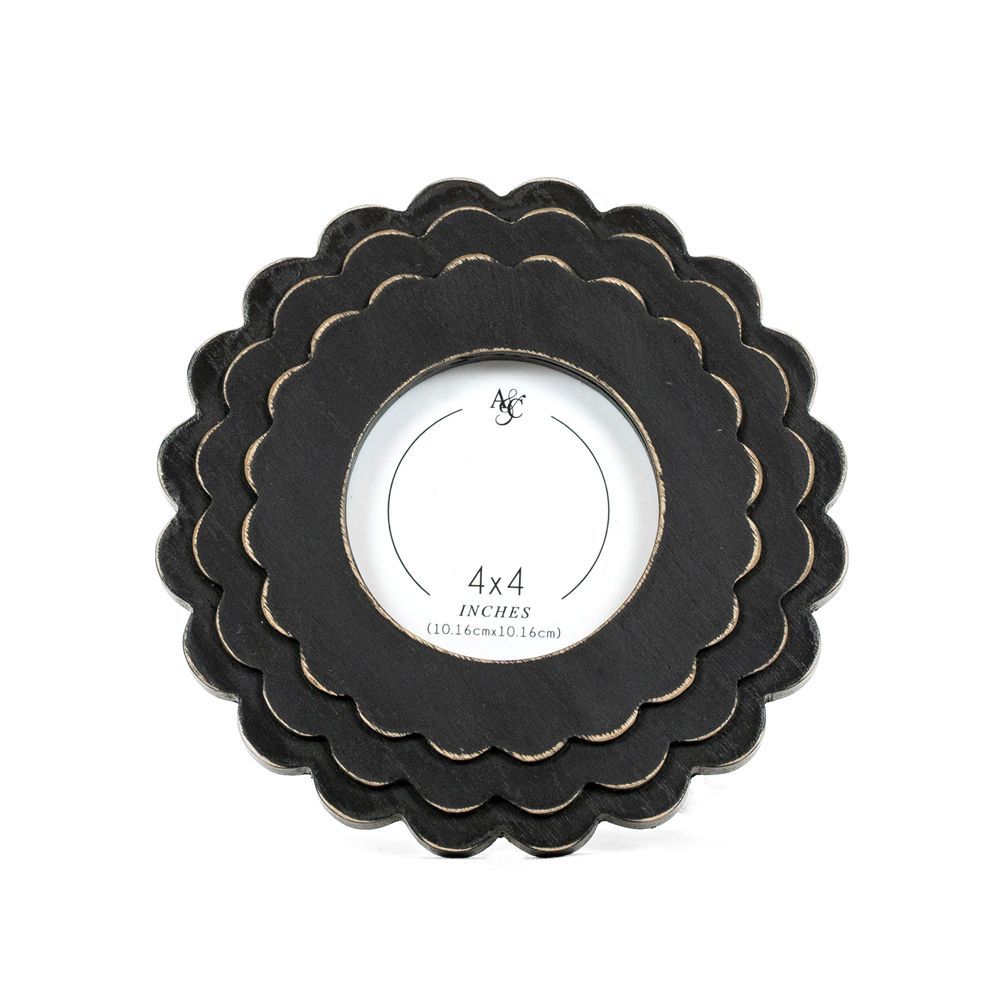 Wood Scallop Photo Frame Round Black 4x4