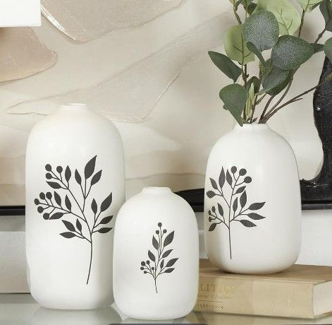 White Ceramic Vase W/ Black Leaf Design 6&quot; Small