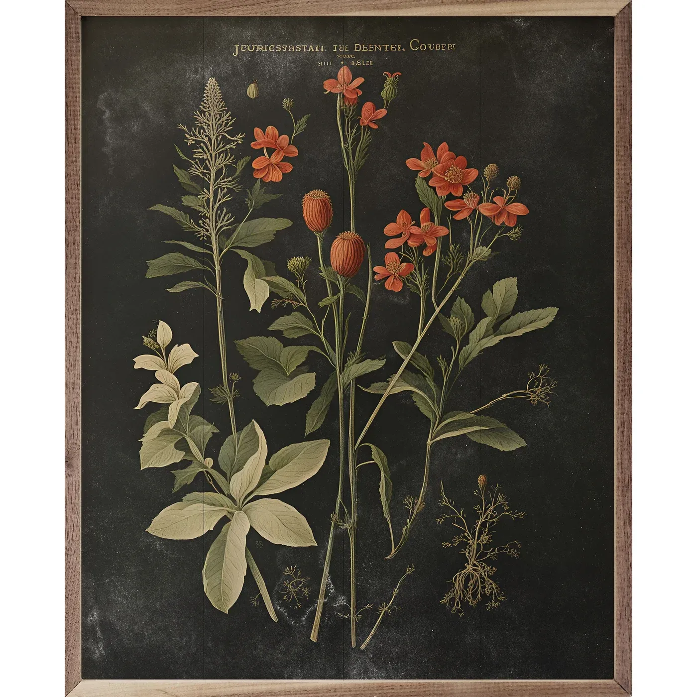 Vintage Orange Floral Print in Black 16x20
