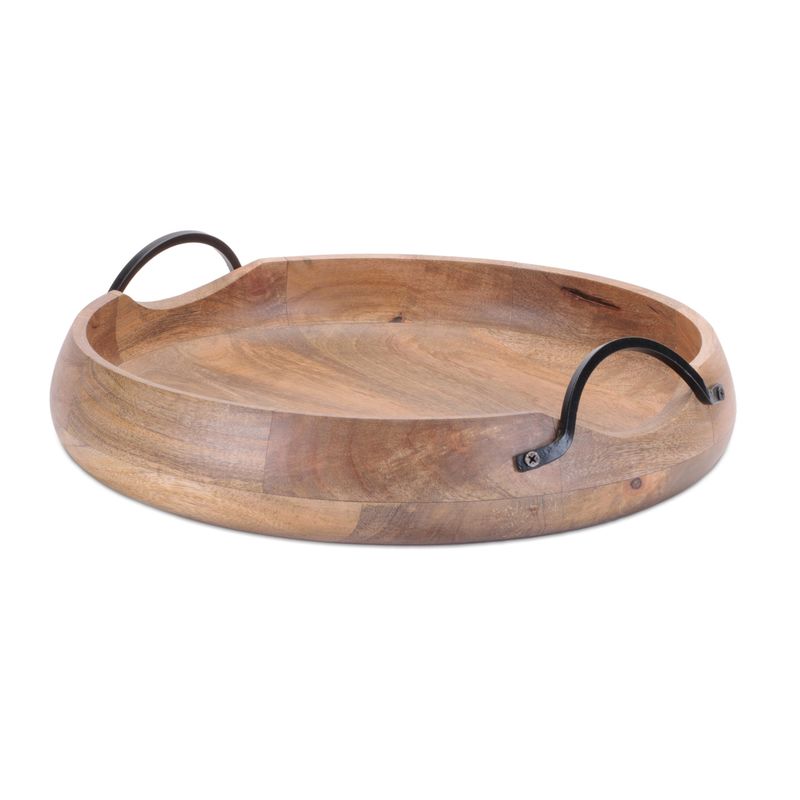Carved Round Tray w/Iron Handles 14.5&quot;