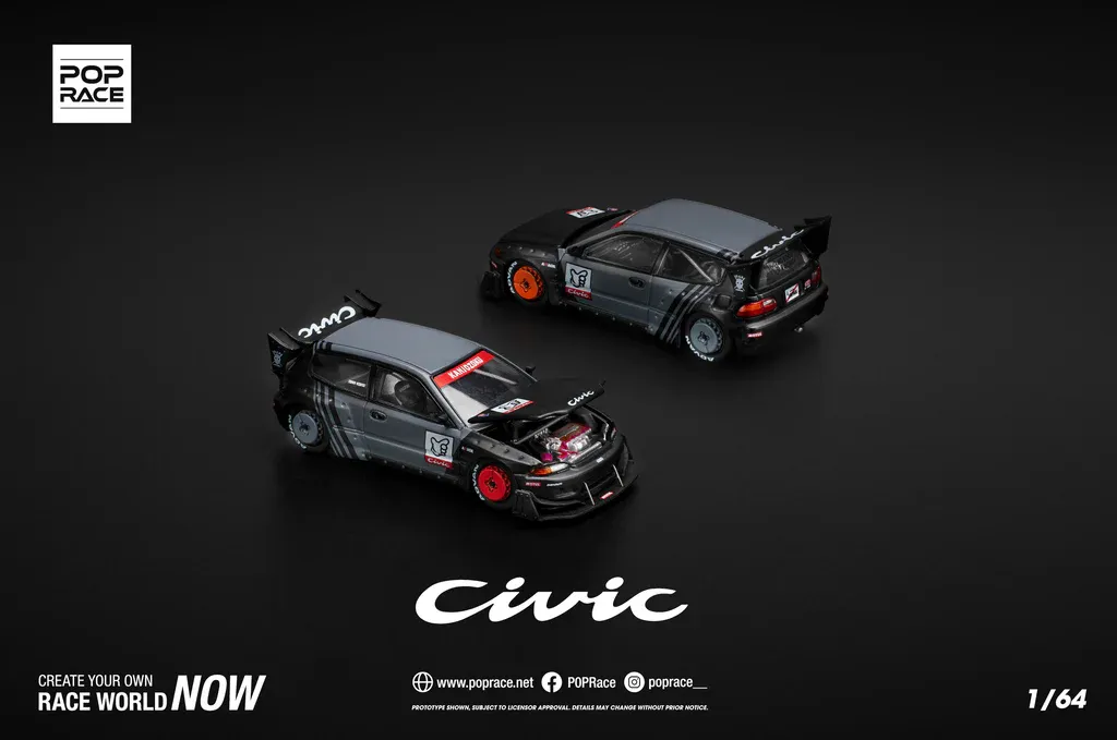Pop Race 1/64 Pandem Honda Civic EG6 Black Kanjozoku