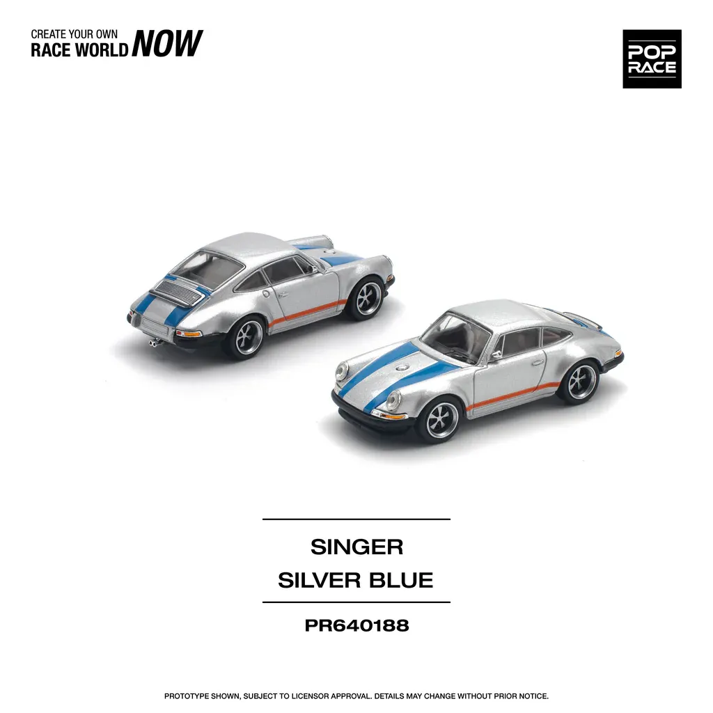 Pop Race 1/64 Singer 964 Porsche 911 Silver with Blue/Orange Stripes