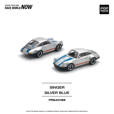 Pop Race 1/64 Singer 964 Porsche 911 Silver with Blue/Orange Stripes PR64188