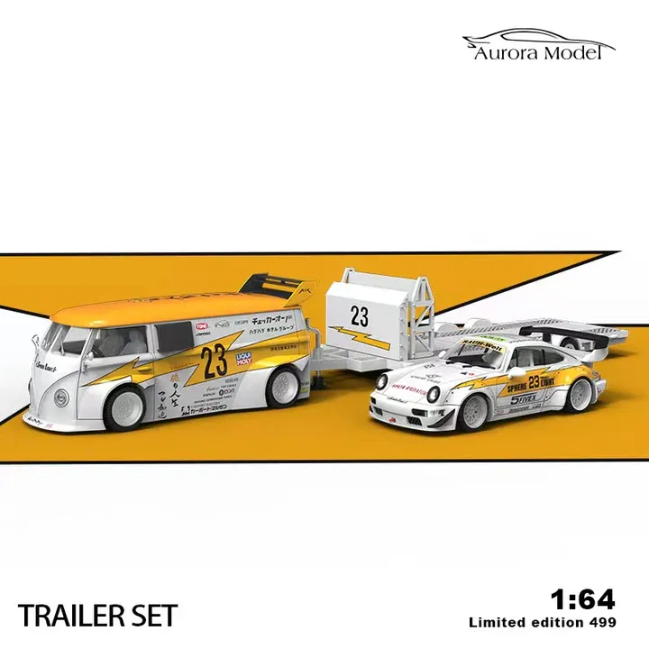 Aurora Model 1/64  Porsche 964 RWB + VW Komby RWB T1 Van + Trailer Lightning Livery AM64-T