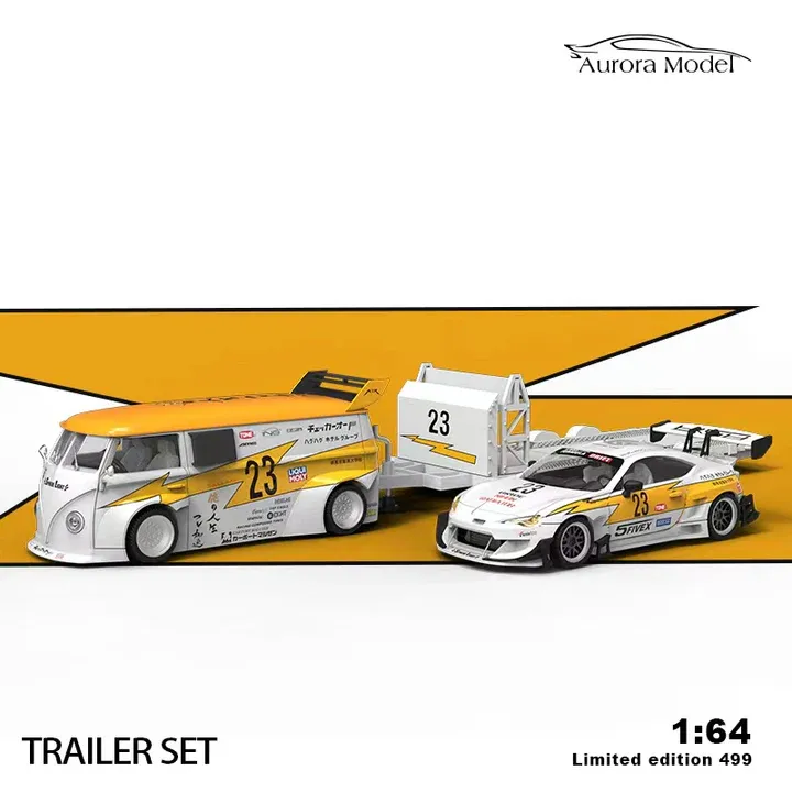 Aurora Model 1/64 Toyota 86 Rocket Bunny + VW Komby RWB T1 Van + Trailer Lightning Livery AM642311-T