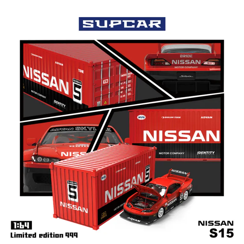 Supcar 1/64 Nissan S15 SILVIA LBWK RED SUPER SILHOUETTE + Container SC64011