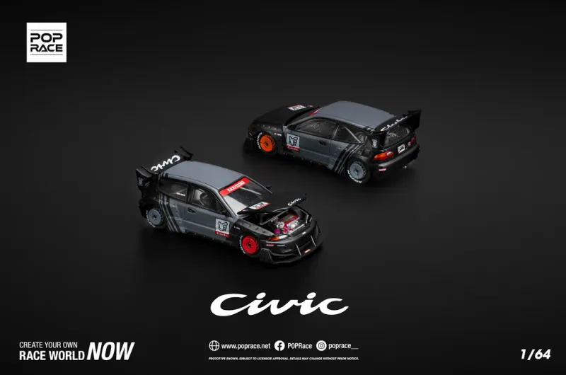 Pop Race 1/64 Pandem Honda Civic EG6 Black Kanjozoku PR64163