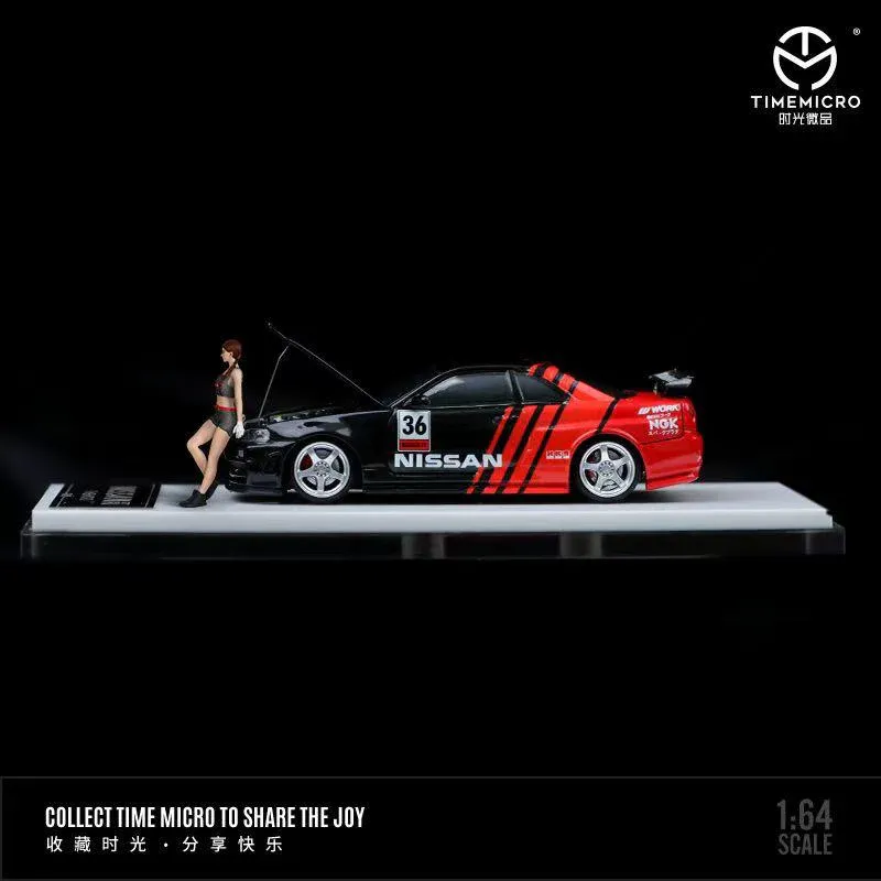 Time Micro 1/64 Nissan Skyline R34 GTR Z-tune ADVAN livery with figurine