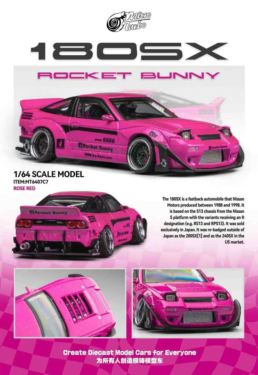 Micro Turbo 1:64 Nissan Silvia 180SX Rocket Bunny v2 Pink