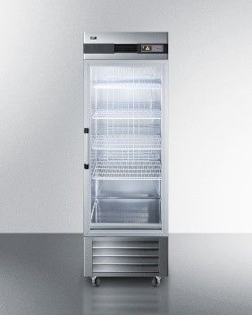 Single Glass Door Refrigerator, 23 CUFT, Stainless Steel Interior & Exterior, 83.75" H x 27.5" W x 31.0" D, 115v, with four shelves, Automatic defrost, each