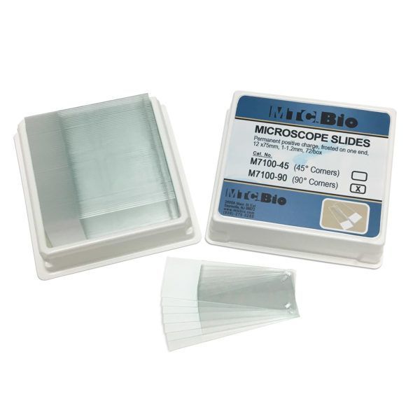 Microscope slides, positive charged, 90° corners, frosted on one end, 25 x 75mm, 72/pk (M7100-90) (DBJ-PLS4100PK)