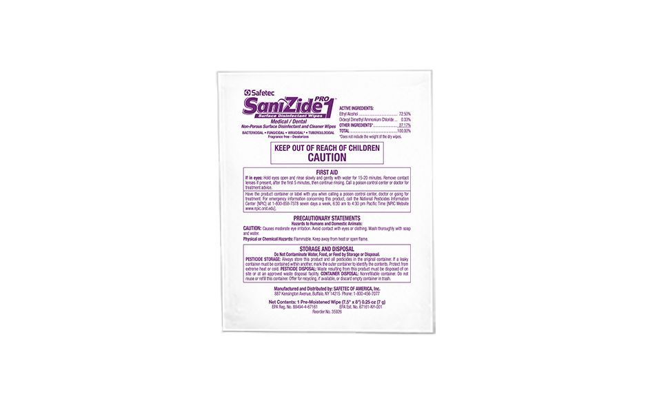 SaniZide Pro 1® Surface Disinfectant Wipes, 7.5x8", 50/Box, One Step One Minute Disinfecting, DBJ-35926-BK