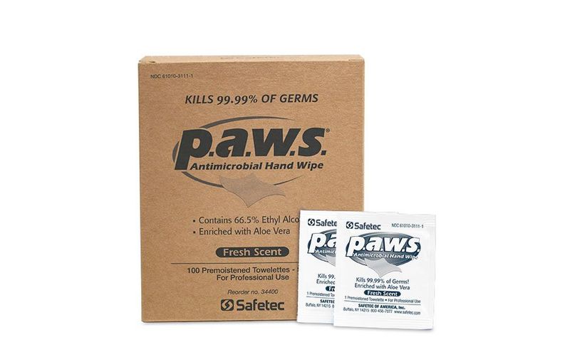 Safetec  p.a.w.s.® Personal Antimicrobial Hand Wipes, 5 x 8 inch, 100/ct/Bx, 34400