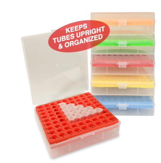 BetterBox™ Storage Box with hinged lid, 81 x 1.5mL/2.0mL microtubes, assorted colors, 5/PK, MTCR1081A, (R1081-A)