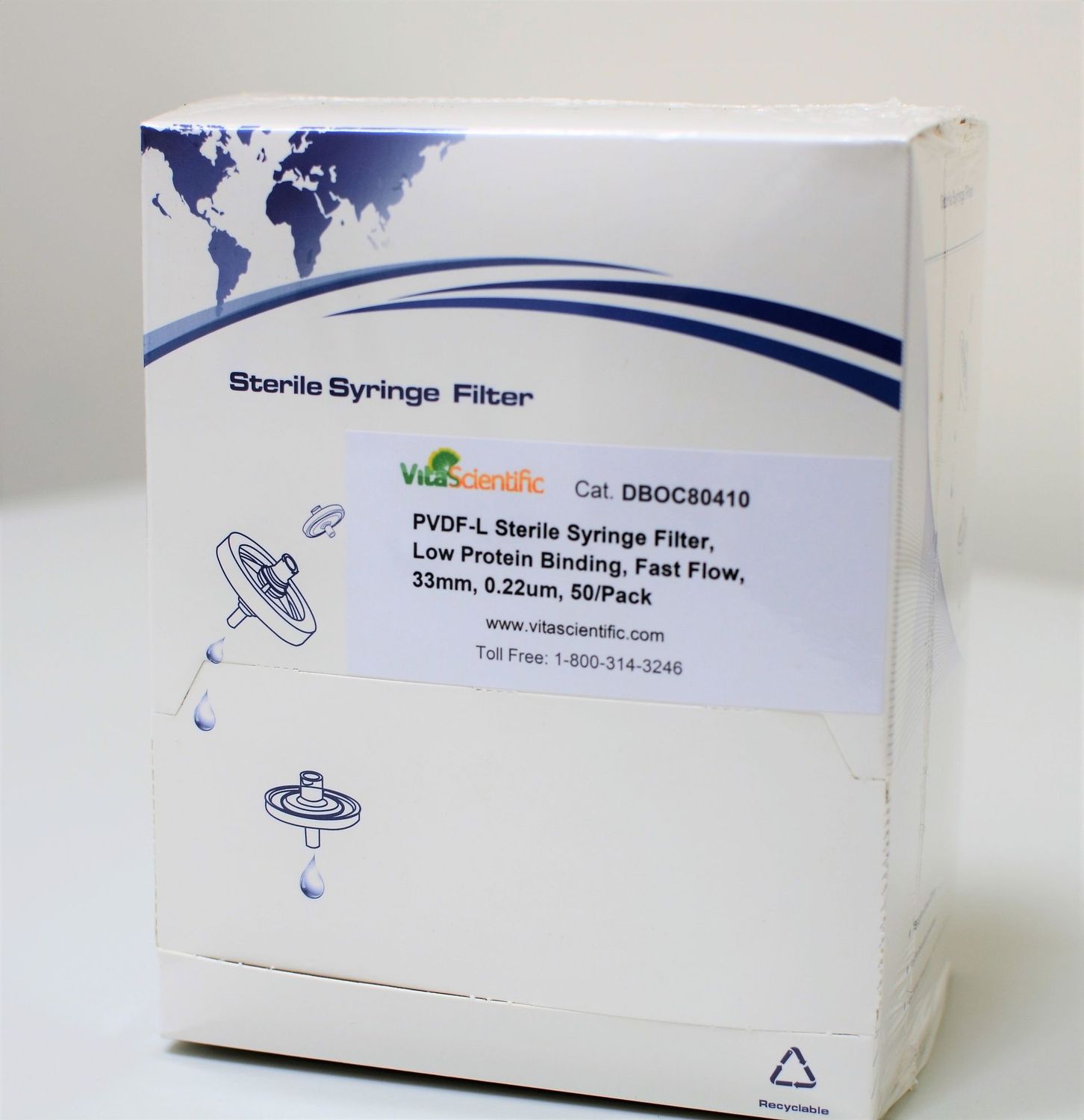 PVDF sterile syringe filter (hydrophilic), Ultra Low Protein Binding, 33mm, 0.22um, 50pcs/pk