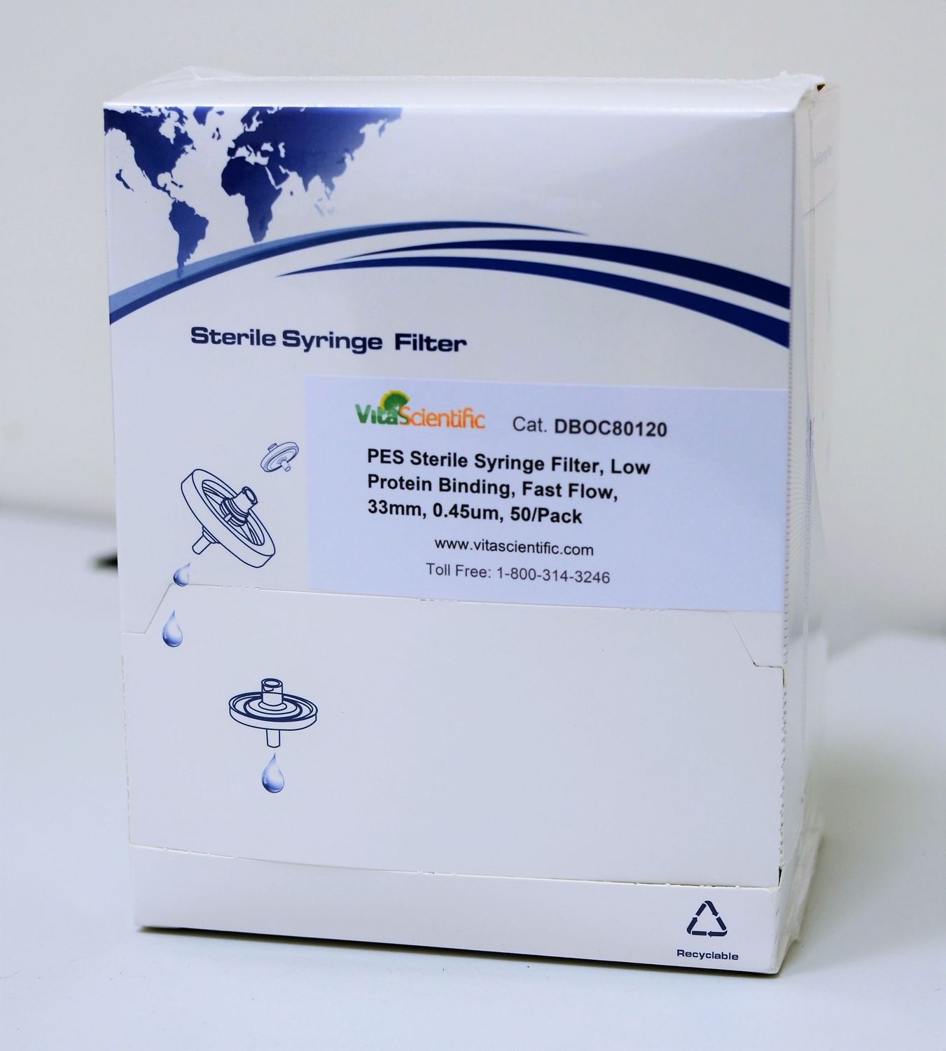 PES sterile syringe filter, Low Protein Binding, Fast Flow, 33mm, 0.45um, 50pcs/pk